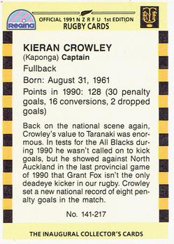 1991 Regina NZRFU 1st Edition #141 Kieran Crowley Back